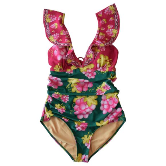 Pink and Green Raspberry Grapes Ruffle One Piece Swimsuit Size Medium - Picture 1 of 9